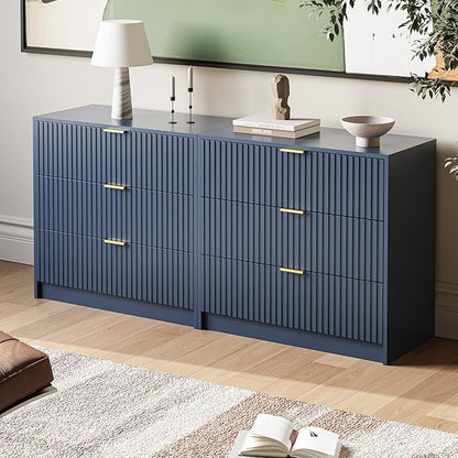 3-Piece Dresser Bedroom Set, 9 Drawer Dresser & 3 Drawer Nightstands with Gold Handles, Fluted Wood Chest of Drawers for Bedroom, Living Room, Entryway, Navy Blue
