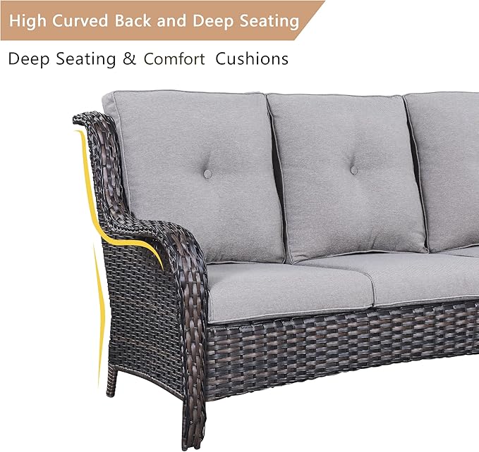 HUMMUH 8pcs Patio Furniture Set Outdoor Swivel Rocker Wicker Patio Chairs,Outdoor Couch with Coffee Table and Ottomans(Brown,Grey)