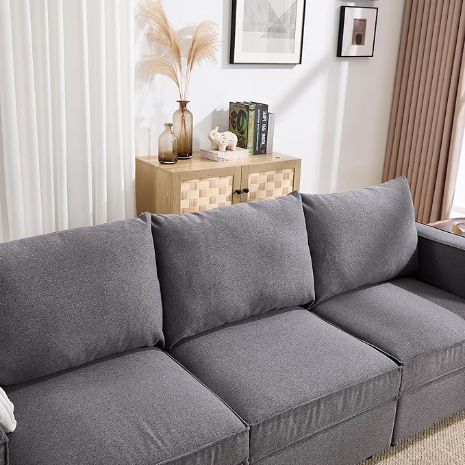 90 inch Cloud Modular Sectional Sofa, 3 Seater Linen Fabric Couch, Modern Convertible Comfortable Sofa Couch for Living Room/Apartment, Grey
