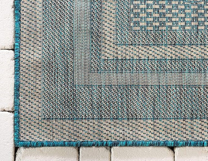 Unique Loom Outdoor Border Collection Area Rug - Soft Border (9' x 12' Rectangle, Teal/ Ivory)