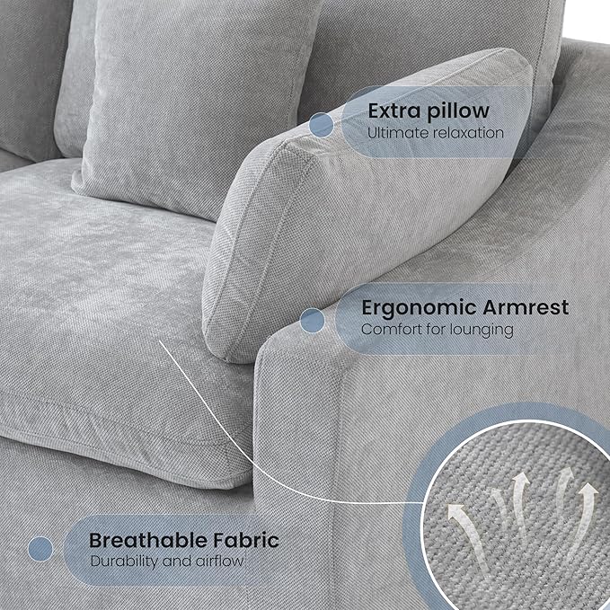 Oversized Modular Sectional Sofa with Chaise,192inch Cloud Couch Deep Seat Sofa Cushion Covers Removable, Down Filled Linen 9 Seater Sectional Couches for Living Room, Gray