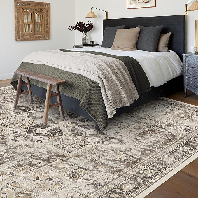 RUGGABLE Washable Vintage Area Rug – Kamran Hazel 9x12, Stain-Resistant, Non-Slip – Large Machine Washable Rugs for Living Room, Bedroom, Hallway, Entryway & Office–with Standard Pad