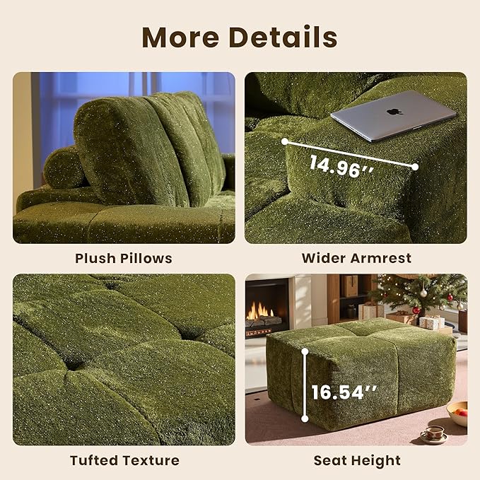 114" Glitter Cloud Sectional Couch with L-Shape Chaise & Ottoman, Modern Boneless Couches for Living Room, Fluffy Tufted Deep Seat Modular Sofa No Assembly (Green Sparkly Velvet,Right Facing)
