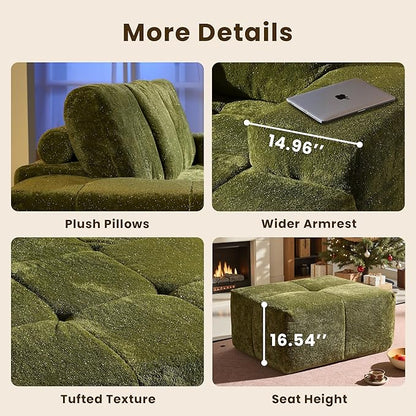 114" Glitter Cloud Sectional Couch with L-Shape Chaise & Ottoman, Modern Boneless Couches for Living Room, Fluffy Tufted Deep Seat Modular Sofa No Assembly (Green Sparkly Velvet,Right Facing)