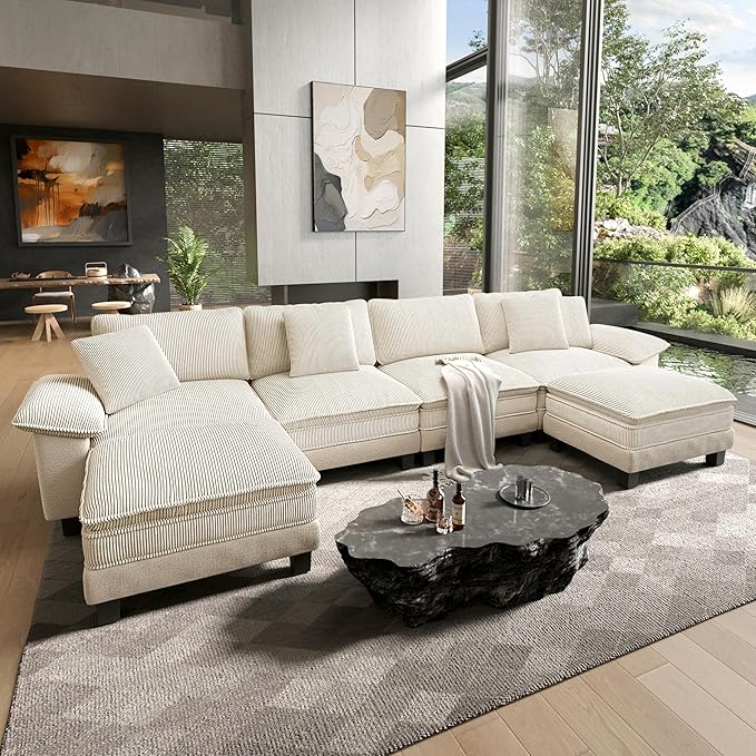 HERA'S HOUSE Oversized Modular Sectional Sofa, 158" U Shaped Cloud Couch with Ottoman and Throw Pillow, Mixed Fabric Sleek Couches for Living Room, Beige