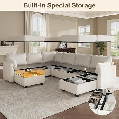 Modular Sectional Sofa Couches, Large Convertible Modular Couches with Storage, 8-Seater Sectional Sofa for Living Room, U Shaped Sectional Couch Sleeper Sofa with Chaise (Beige, 8 Seats)