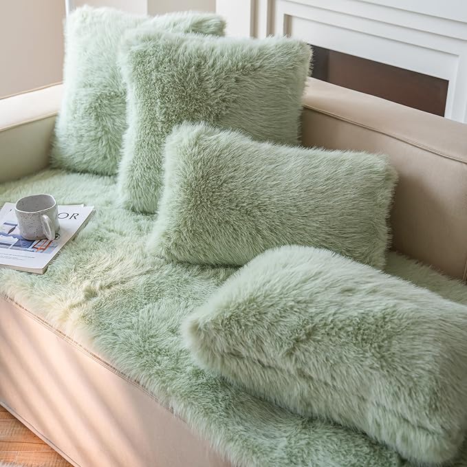 Neelvin Green Faux Fur Cozy Fluffy Double-Sided Decorative Throw Pillow Covers 20x20 inch Set of 2,Velvet Pillowcase Cushion Case for Sofa Couch