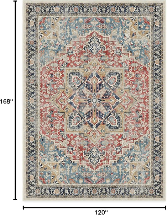 RUGGABLE Washable Vintage Area Rug – Kamran Cayenne Red 10x14, Stain-Resistant, Non-Slip – Large Machine Washable Rugs for Living Room, Bedroom, Hallway, Entryway & Office–with Cushioned Pad