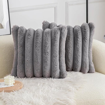 Neelvin Grey Faux Fur Cozy Soft Striped Decorative Throw Pillow Covers 18x18 inch Set of 2,Velvet Pillowcase Cushion Case for Sofa Couch