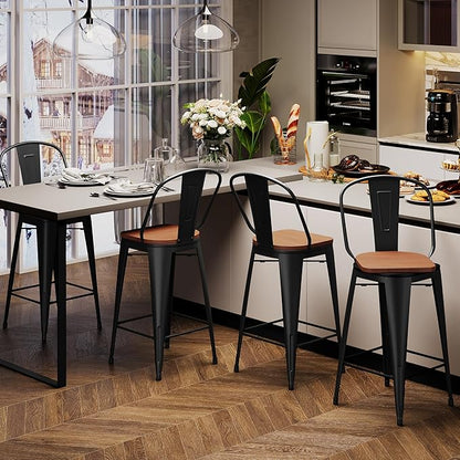 Aklaus Swivel Metal Bar Stools with Backs Counter Stools Set of 4 Counter Height Stools High Back Bar Chairs 24 Inch Barstools Farmhouse Matte Black