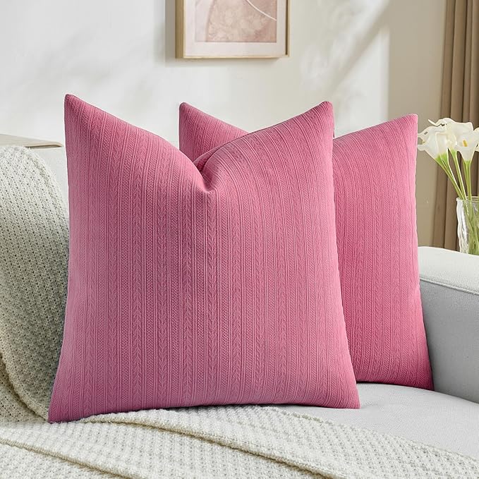 FUTEI Hot Pink Decorative Throw Pillow Covers 22x22 Inch Set of 2,Soft Cozy Wheat Ear Striped Patterns Cushion Cases,Modern Home Decor for Couch Bed Living Room