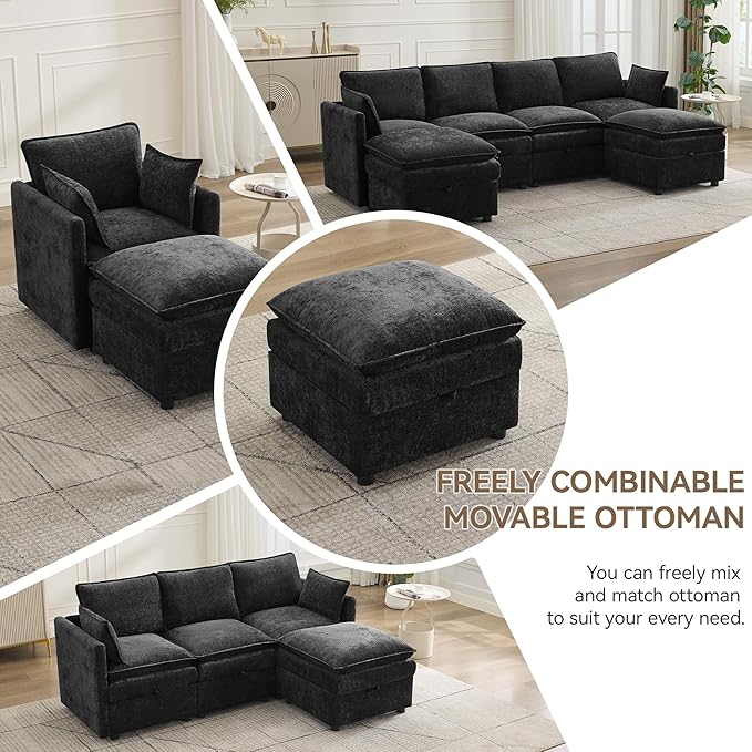 80" Cloud Modular 3 Seater Sofa with Storage Ottoman, Modern Upholstered Storage Sofa Couch Deep Seat, L Shape Sectional Sofa Chenille Comfy Couch with Armrests for Living Room, Small Space, Black