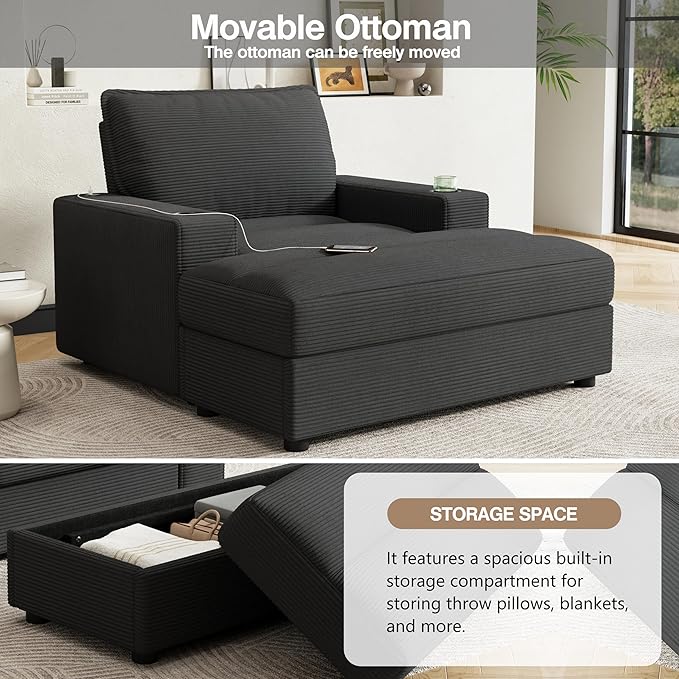 Christopher Knight Home Zoe Oversized Chaise Lounge Chair Indoor with Cup Holders & USB Charging Port, Corduroy Upholstered Sofa Bed + Ottoman with Storage, Comfy Deep Seat Sleeper Sofa Chair, Grey