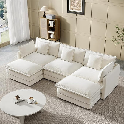 Modular Sectional Sofa, U-Shaped Cloud Sofa with Deep Seat, 111.5 Inch Chenille Sofa with Cushions, 3-Self Sectional Sofa for Living Room Apartment, White