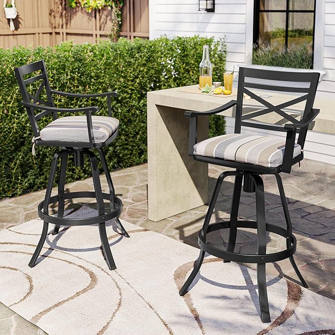 Pellebant 30-Inch Sunbrella Outdoor Bar Stools Set of 4, Aluminum Swivel Patio Bar Height Bar Stools with Back & Footrest, for Deck Lawn Garden(Milano Char)