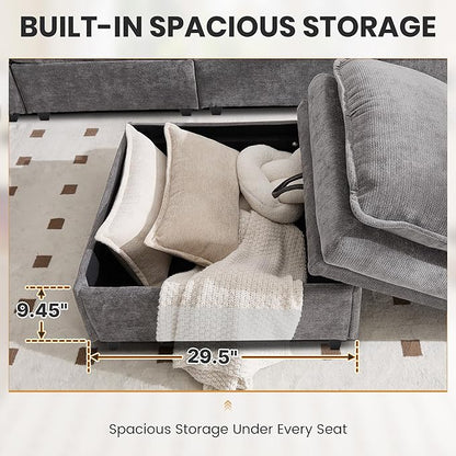 130" U Shaped Modular Sectional Sofa, Couch with Ottoman Storage, Chenille Cloud Couch with Plush Deep Seating for Living Room, Bedroom (6 Seat, Light Grey)