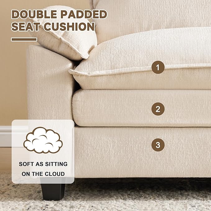 114 Inch Modular Couch Sectionals with Ottoman, Big Comfy Cloud Couches, L Shaped 4 Seat Modular Sectional Sofa, Modern Cloud Sectional Couches for Living Room, Deep Seat Sofa, Beige