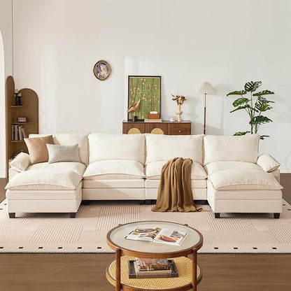 147 Inch Big Comfy Couch with Ottoman, 6 Seat U Shaped Couches, Cloud Modular Sectional Sofa, Modern Cloud Couch Sectionals, Sectional Couches for Living Room, Oversize Deep Seat Sofa, Beige