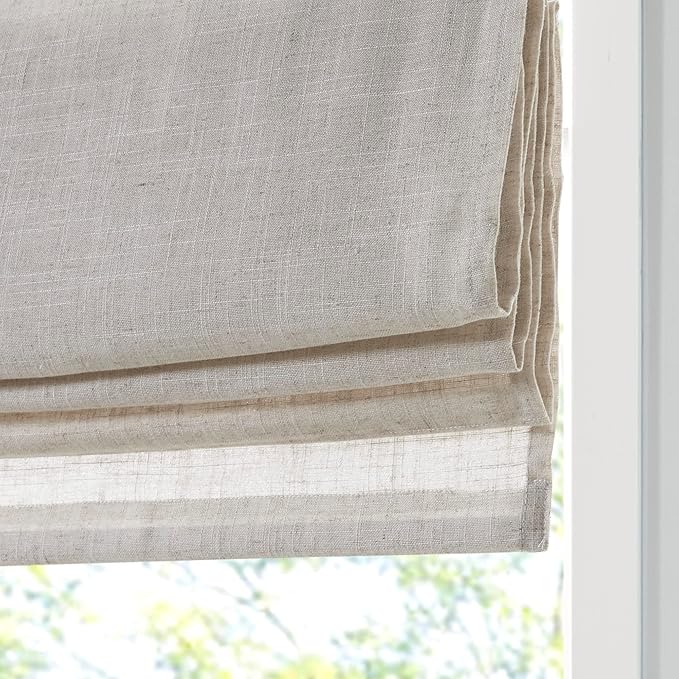 Madison Park Kyler Cordless Roman Shades - Single Panel, Lightweight Linen Blend Fabric, Natural Design, Easy Installation, Light Filtering Window Blind, Bedroom, Living Room Decor 34"W x 64"H Natural