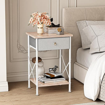 VECELO End Tables, Modern Nightstand with Fabric Drawer & Open Shelf, Night Stand for Bedroom Living Room, Industrial Metal Frame, Easy Assembly, Light Brown,2 Pack