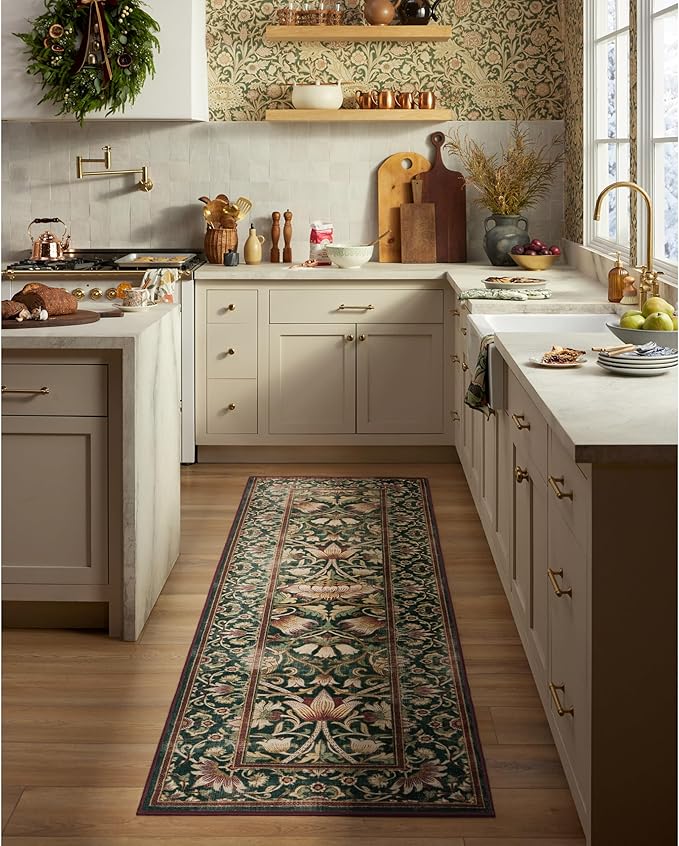 RUGGABLE x Morris & Co Machine Washable Area Rug– Lodden Soft Evergreen & Gold 6 ft Round, Stain-Resistant, Non-Slip–Medium Rugs for Living Room, Bedroom, Hallway, Entryway & Office–with Standard Pad