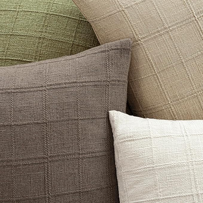 Foindtower Set of 2 Decorative Linen Check Throw Pillow Covers Neutral Farmhouse Vintage Cushion Covers Modern Boho Home Decor for Sofa Chair Couch Bedroom Living Room,22×22 Inch,Taupe Grey