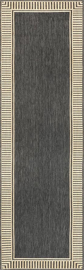 nuLOOM 2' x 6' Outdoor/Indoor Asha Area Rug, Asha Dark Grey, Casual Design with Striped Border, Stain Resistant, Highly Durable, for Patio, Balcony, Bedroom, Living Room, Dining Room, Bathroom