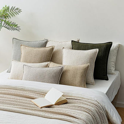 a moment Linen Pillow Covers Set of 2,Boho Farmhouse Throw Pillowcases Neutral Textured Decorative Covers for Couch Sofa Bed, Soft Linen Blend Accent Case Cushion Home Decor 20"x12"Light Grey