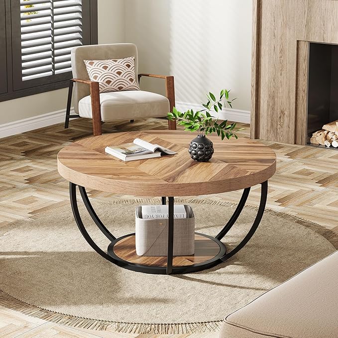 Tribesigns 31.7" Round Industrial Coffee Table with 2-Tier Storage Shelves, Modern Wood & Black Metal Accent Center Table for Living Room, Home Office – Easy Assembly