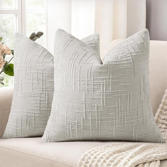 decorUhome Light Grey Chenille Throw Pillow Covers 16x16 Set of 2 Thick Textured Slubby Couch Pillow Covers Farmhouse Accent Modern Neutral Decorative Pillow Cases for Bed Sofa Living Room