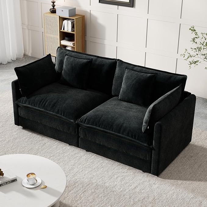 Modular Sectional Sofa, 76.7 Inch I-Shaped Cloud Sofa with Deep Seat Comfortable Chenille Sofa with Cushion Double Sectional Sofa for Living Room Apartment,Black