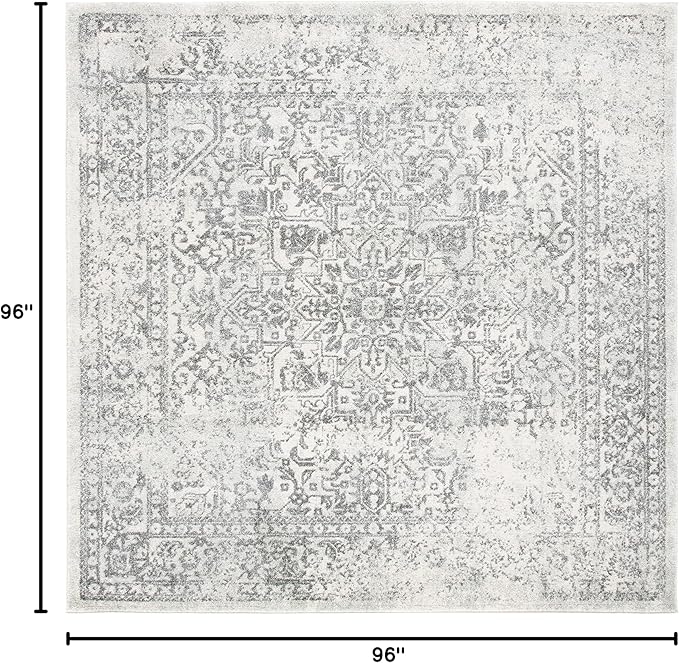 SAFAVIEH Evoke Collection Area Rug - 8' Square, Ivory & Grey, Distressed Design, Non-Shedding & Easy to Clean, Ideal for Living Room, Bedroom, Dining Space (EVK256F)