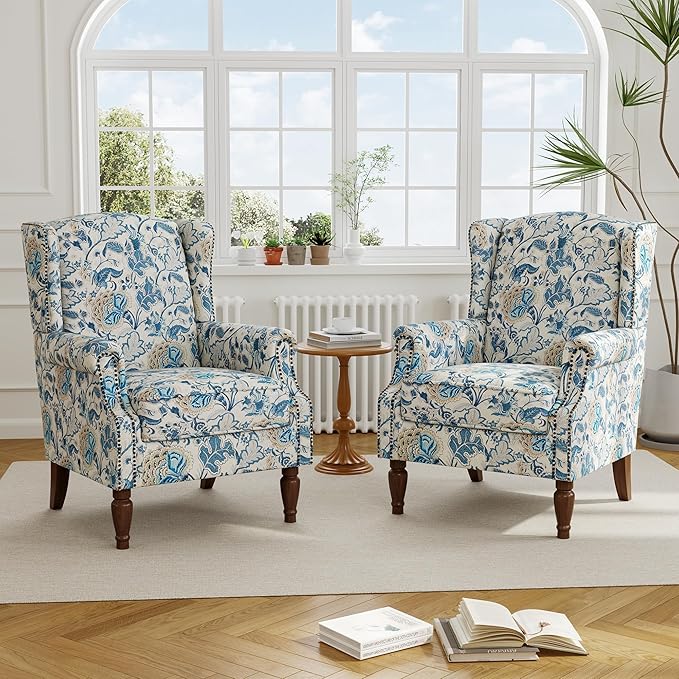 Accent Chair, Upholstered High Back Floral Armchair with Nailhead Trim & Wood Legs, Comfy Wingback Reading Single Sofa Chair for Small Spaces, Living Room, Bedroom ( Boho Blue Floral, Set of 2)