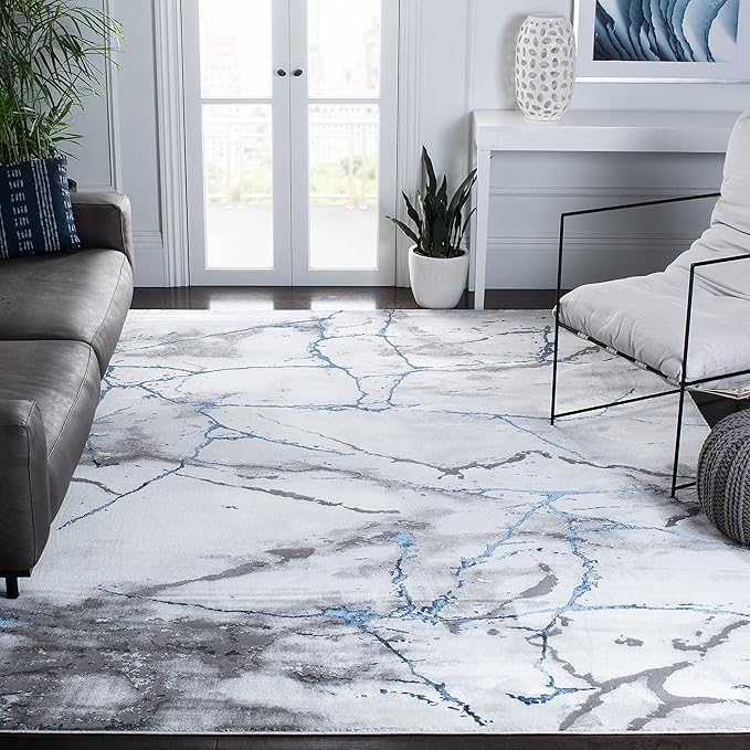 SAFAVIEH Craft Collection Area Rug - 6'7" x 9', Ivory Grey & Blue, Modern Abstract Design, Non-Shedding & Easy Care, Ideal for High Traffic Areas in Living Room, Bedroom (CFT877M)