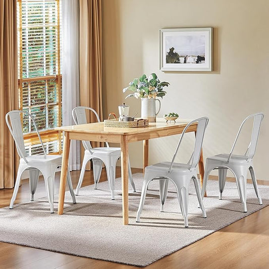 Yaheetech Metal Dining Chairs Set of 4, Industrial Stackable Kitchen Chairs with Back for Dining Room/Restaurant/Bistro/Patio, Indoor & Outdoor Use, Distressed White