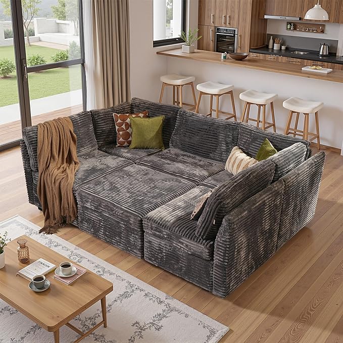 130'' Modern Modular Sectional Sofa with Movable Ottoman,5 Seats Cloud Comfort Corduroy Fluffy Couch,L Shaped Convertible Sofa Couch for Living Room,Grey