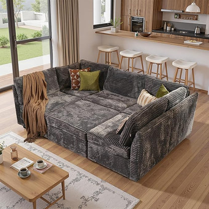 130'' Modern Modular Sectional Sofa with Movable Ottoman,5 Seats Cloud Comfort Corduroy Fluffy Couch,L Shaped Convertible Sofa Couch for Living Room,Grey