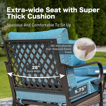 5 Piece Metal Outdoor Patio Furniture Set, Patio Conversation Sets 3-Seater Sofa, 2-Seater Sofa, 2 Fixed Chair with 5.75" Thick Cushion & Coffee Table Black Backyard Furniture, Blue-2