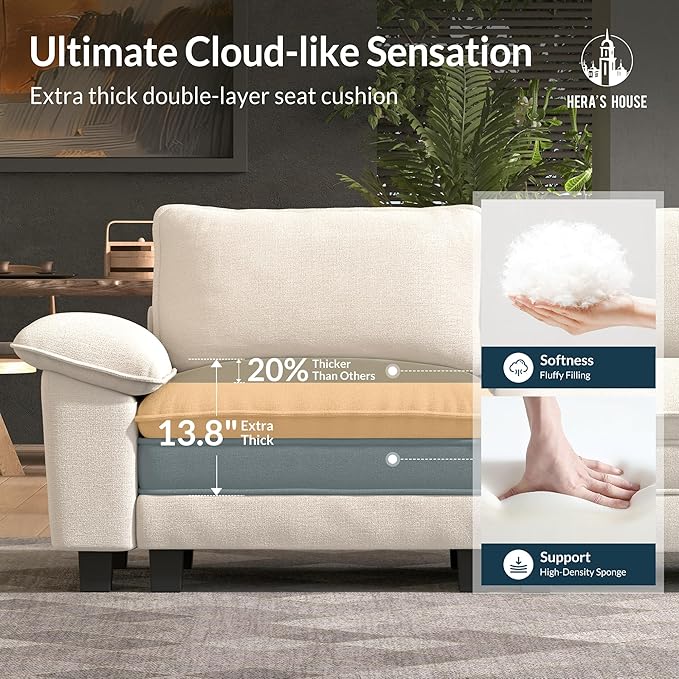 HERA'S HOUSE 88" Modular Sectional Sofa, L Shaped Couches for Living Room, Comfy Cloud Couch with Ottoman, 3-Seater Deep Seat Sofa with Throw Pillow, Chenille Beige