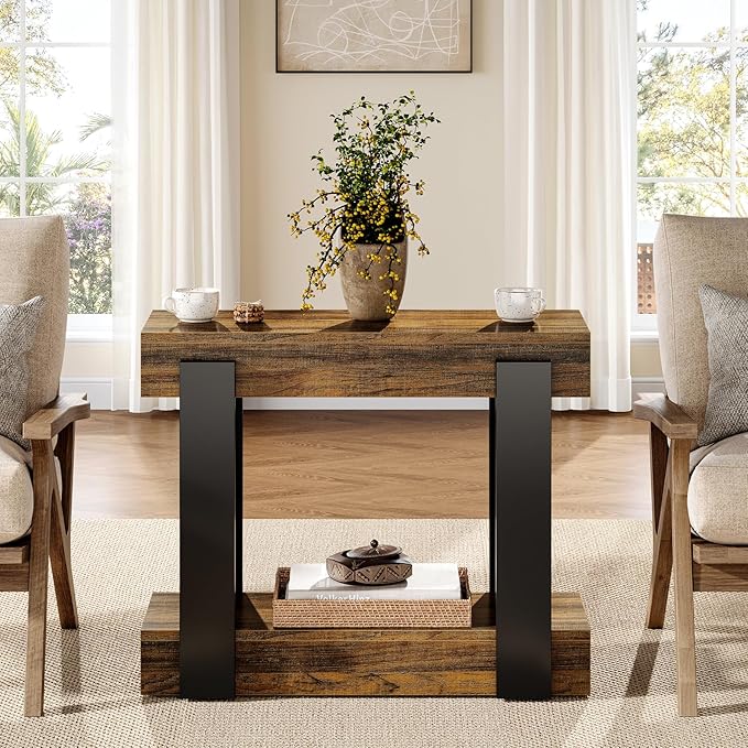 Tribesigns Narrow End Table Set of 2, 2-Tier Farmhouse Side Table with Storage Shelf for Living Room, Rectangular Night Stand and Bedside Tables for Bedroom, Brown