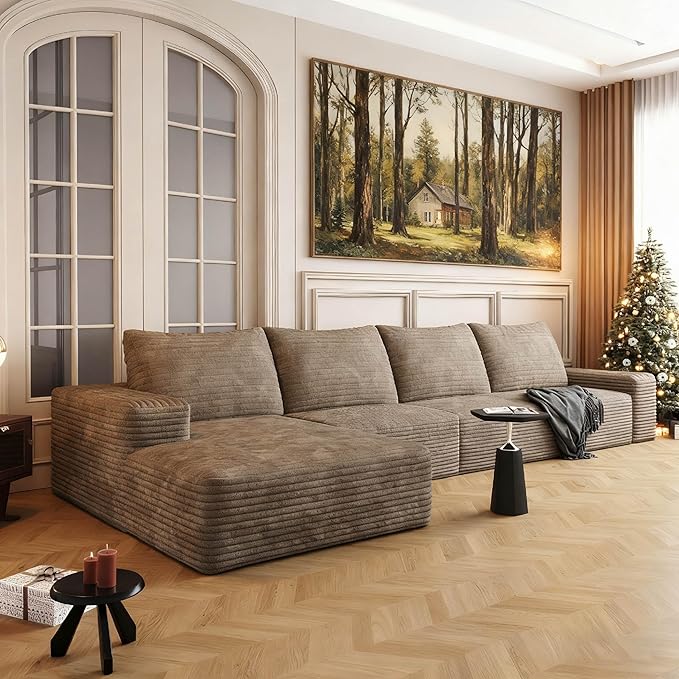 135.4'' Oversized Cloud Sofa Sectional Couch, Boneless Couch with L-Shape Chaise, Upholstered Compression Modular Sectional Sofa for Living Room, No Assembly Required (Camel, Left Facing Chaise)
