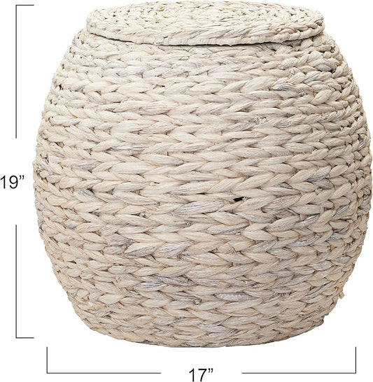 Household Essentials Handwoven Water Hyacinth Barrel Wicker Storage Basket Side Table, Cream Finish
