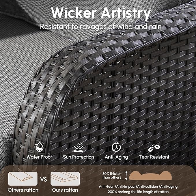 7 PCS Patio Outdoor Furniture Set with Swivel Rocking Chairs,All Weather Wicker Rattan Patio Seating Sofa and Chairs Set,Outdoor Conversaiton Sets for Deck Yard Prrch Garden Poolside,Dark Grey