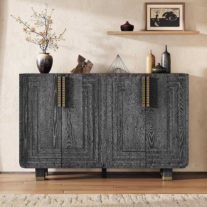 Merax Vintage Wood Storage Cabinet with Four Doors and Dark Gold Handles, Retro-Style Sideboard Buffet Cabinet with Adjustable Storage Shelves for Kitchen, Living Room, Dining Room, Hallway, Black