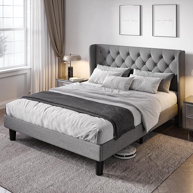 Allewie Queen Size Bed Frame with Button Tufted Wingback Headboard, Modern Upholstered Bed Frame with Solid Wooden Slats Support - No Box Spring Needed, Easy Assembly, Light Grey