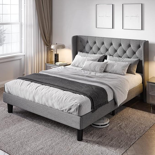 Allewie Queen Size Bed Frame with Button Tufted Wingback Headboard, Modern Upholstered Bed Frame with Solid Wooden Slats Support - No Box Spring Needed, Easy Assembly, Light Grey