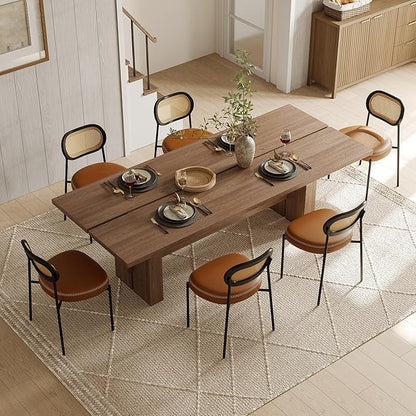 Rattan Dining Chairs Set of 6, Camel Leather Upholstered Dining Chairs with Rattan Cane Back, Mid Century Modern Dining Room Chairs with Black Metal Legs & D-Shaped Thicken Cushion, Camel