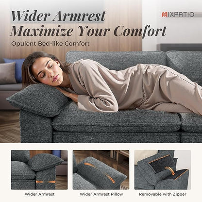 U-Shaped Cloud Modular Sofa Set, Deep Seat 3-Piece 6-Seater Sectional Couch & Removable Arms, Plush Chenille for Living Room - Cyan