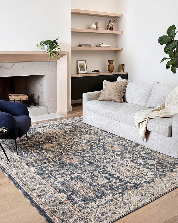 Loloi Teagan Collection TEA-03 Denim/Pebble 3'-4" x 5'-7" Accent Rug, Large, Soft Neutral Rug, High-Traffic for Living Room, Bedroom, Home Office, Dining Area