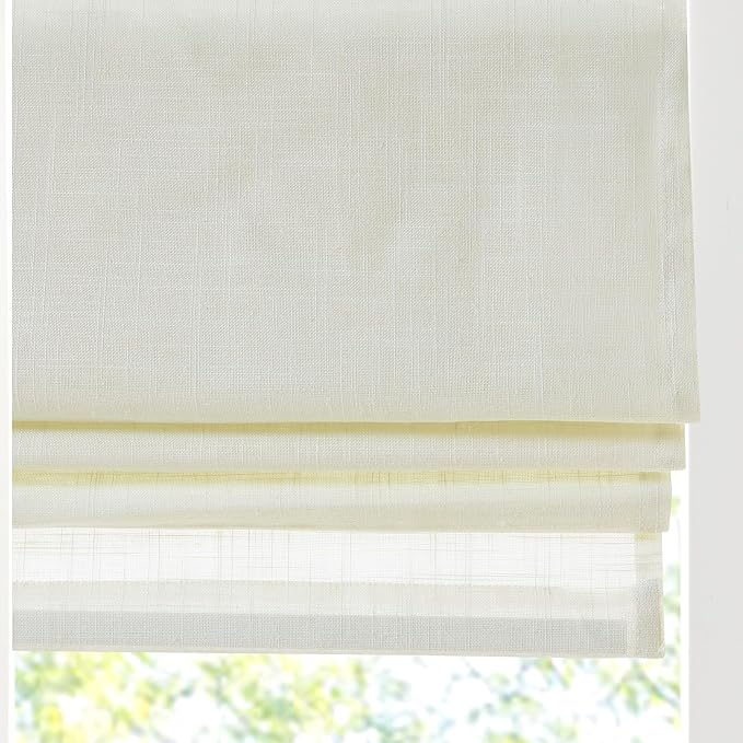 Madison Park Kyler Cordless Roman Shades - Single Panel, Lightweight Linen Blend Fabric, Natural Design, Easy Installation, Light Filtering Window Blind, Bedroom, Living Room Decor 29"W x 64"H Ivory